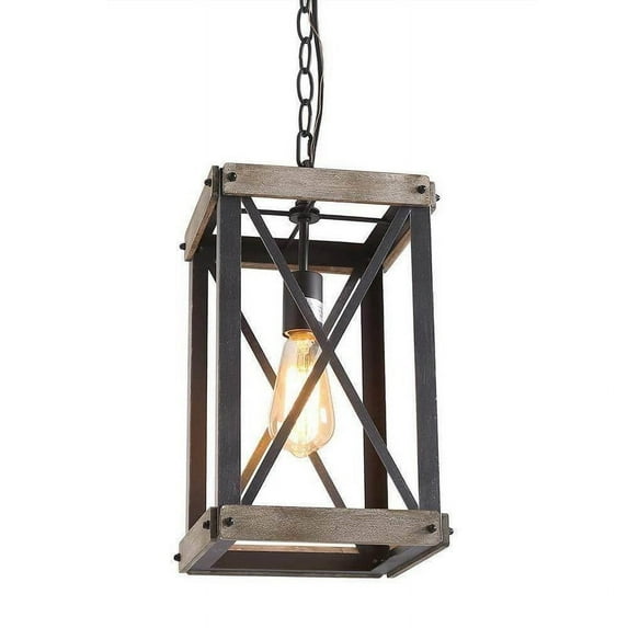 LNC 16-in Farmhousesquare Pendant Light, Rustic Wood and Black Lantern for Kitchen Island