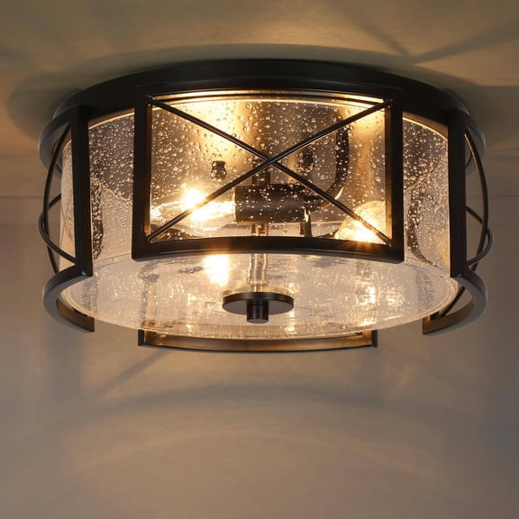 LNC 13" 3-Light Drum Flush Mount Ceiling Light,Black Farmhouse Cage Light with Seeded Glass for Hallway,Kitchen