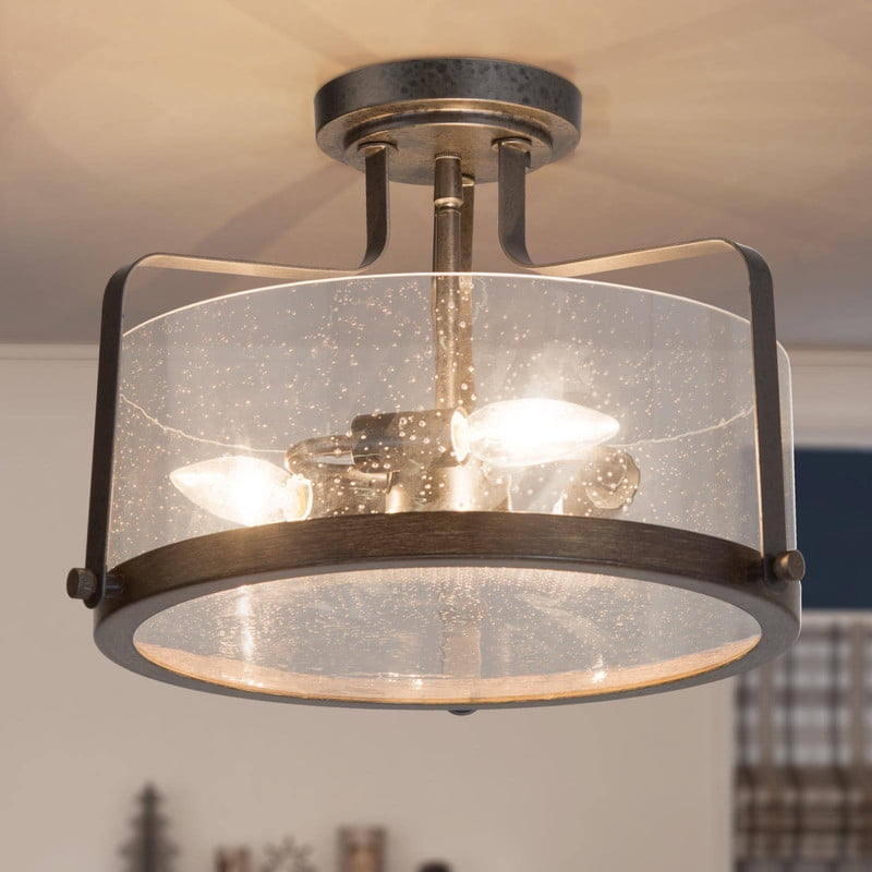 LNC 14" 3-Light Drum Semi Flush Mount Ceiling Light,Rustic Black Metal Frame with Seeded Glass,Dark Wood Grain Finish for Kitchen,Hallway