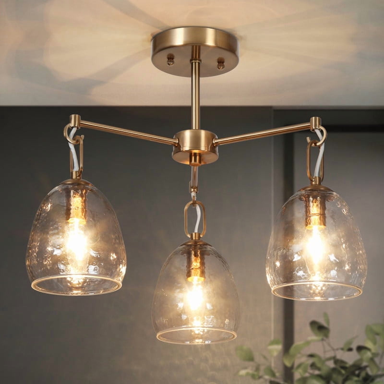 LNC 19.3" 3-Light Semi Flush Mount Ceiling Light,Polished Gold Water Glass Light Fixture for Kitchen,Living Room