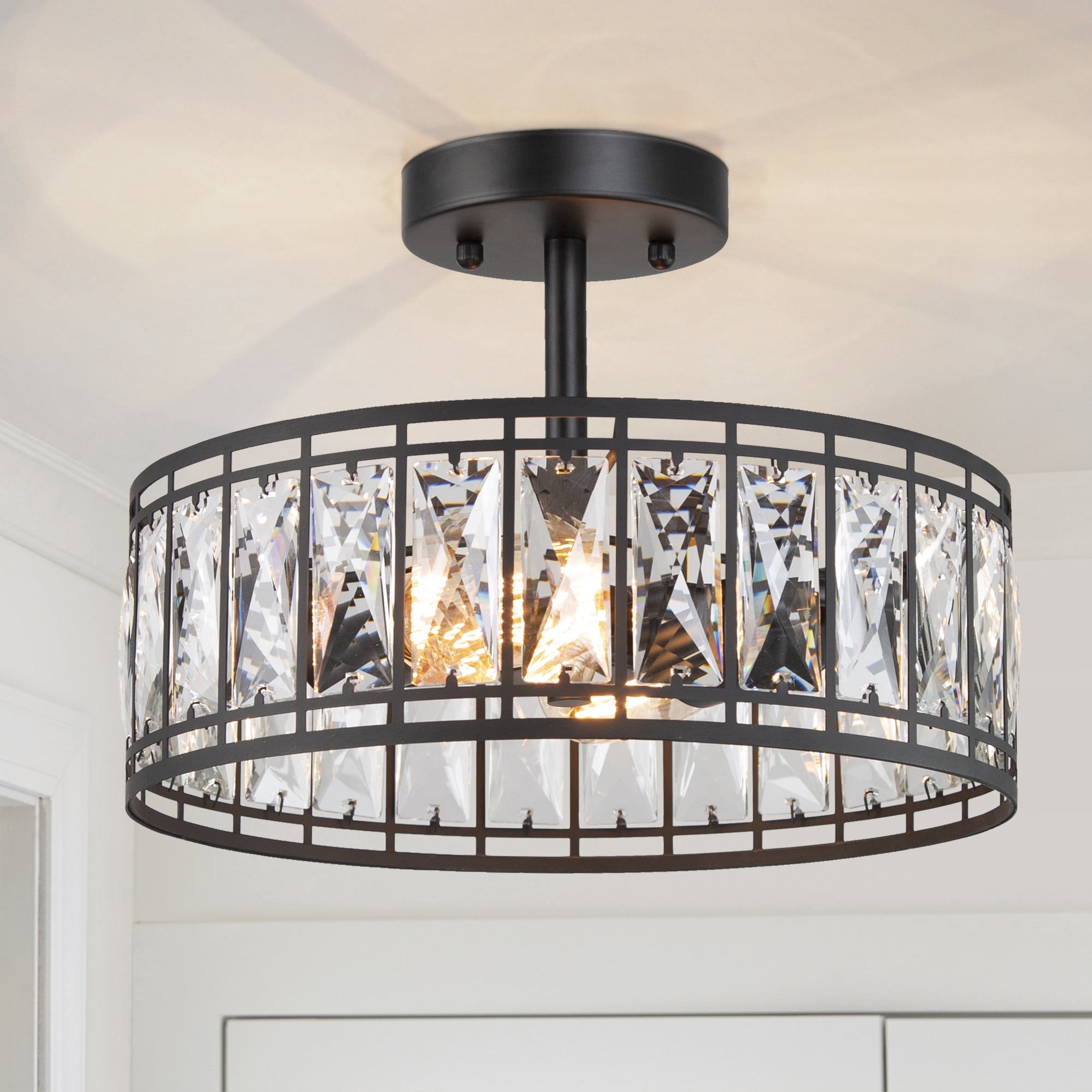LNC 2-Light Matte Black Crystal Semi-Flush Mount Ceiling Light, Modern Drum Ceiling Light Fixture for Bedroom, Hallway, Entryway and Foyer