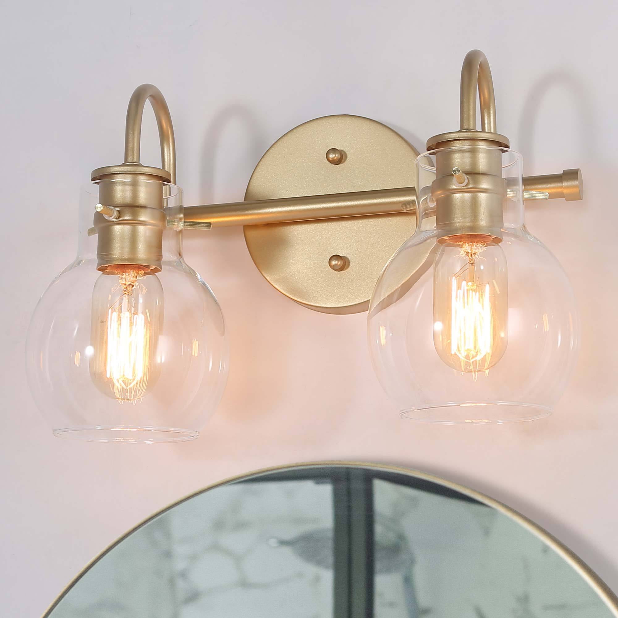 LNC 2-Light Modern Matte Gold and Globe Clear Glass LED Vanity Light For Bathroom