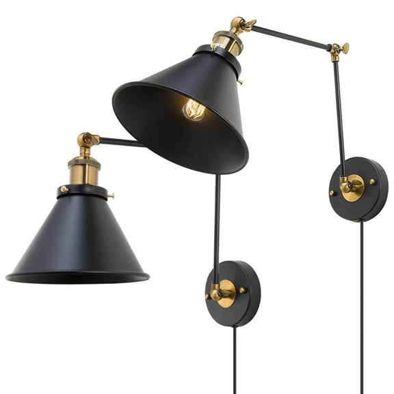 LNC Set of 2 Black Swing Arm Wall Lamps, Plug-In or Hardwired Adjustable Light Fixtures