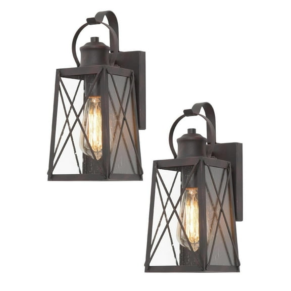 LNC 2pcs/Pack Trasitional Antique Bronze and Seeded Glass Square Shape Outdoor Wall Sconces