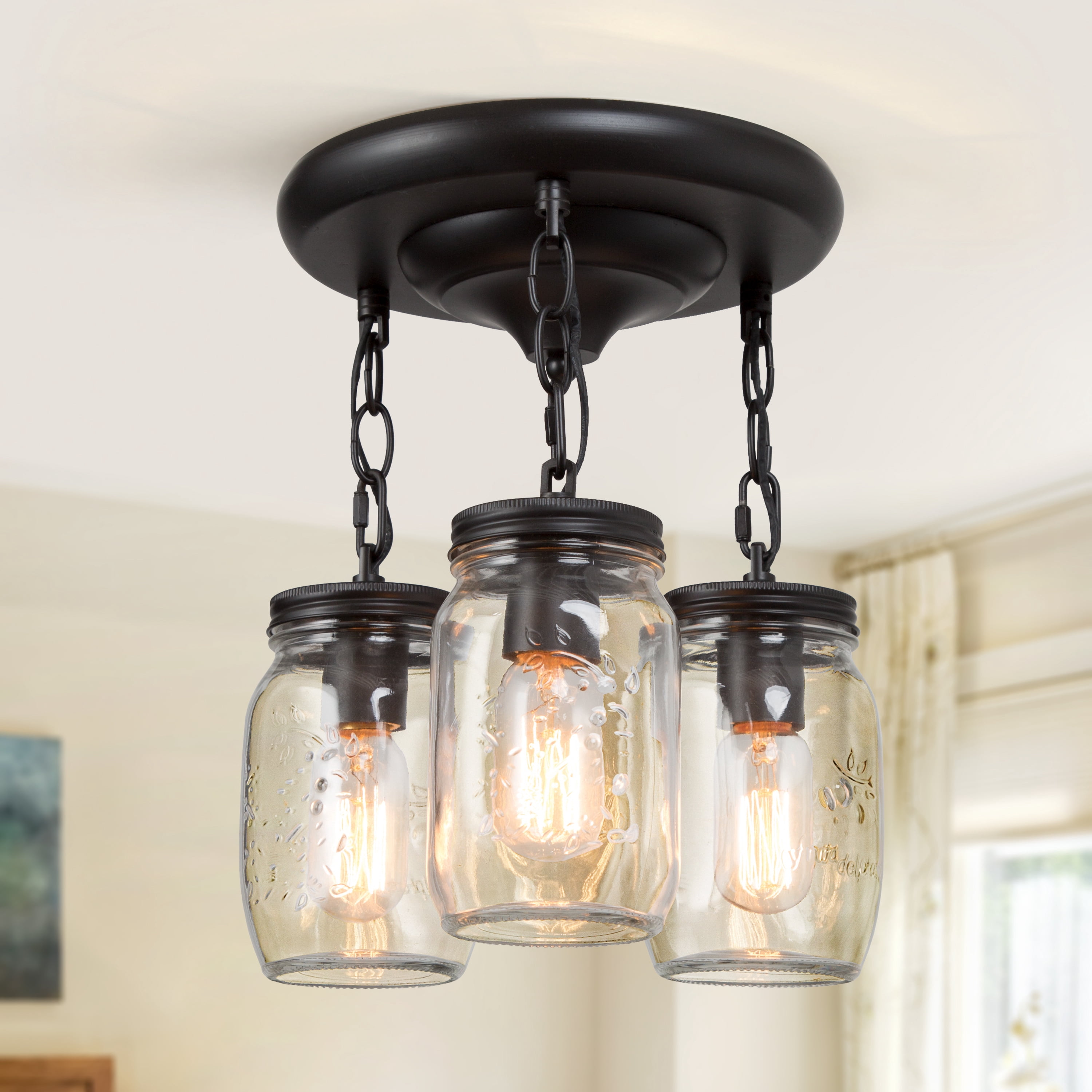 LNC 3-Light Mason Jar Flush Mount Ceiling Light, Rustic Farmhouse Fixture for Kitchen
