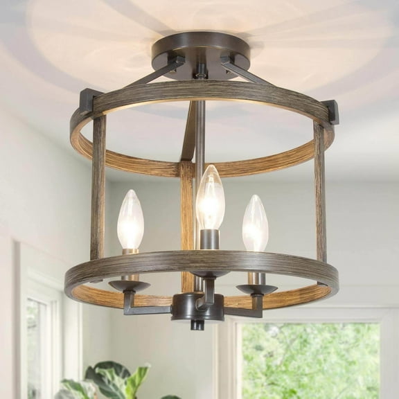 LNC 3-Light Distressed Wood and Black Cage LED Semi Flush Mount Farmhouse Ceiling Light