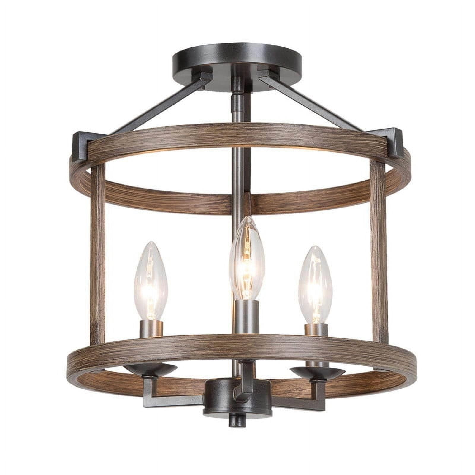 LNC 3-Light Rustic Drum Semi Flush Mount Ceiling Light with Wood Grain Metal Frame