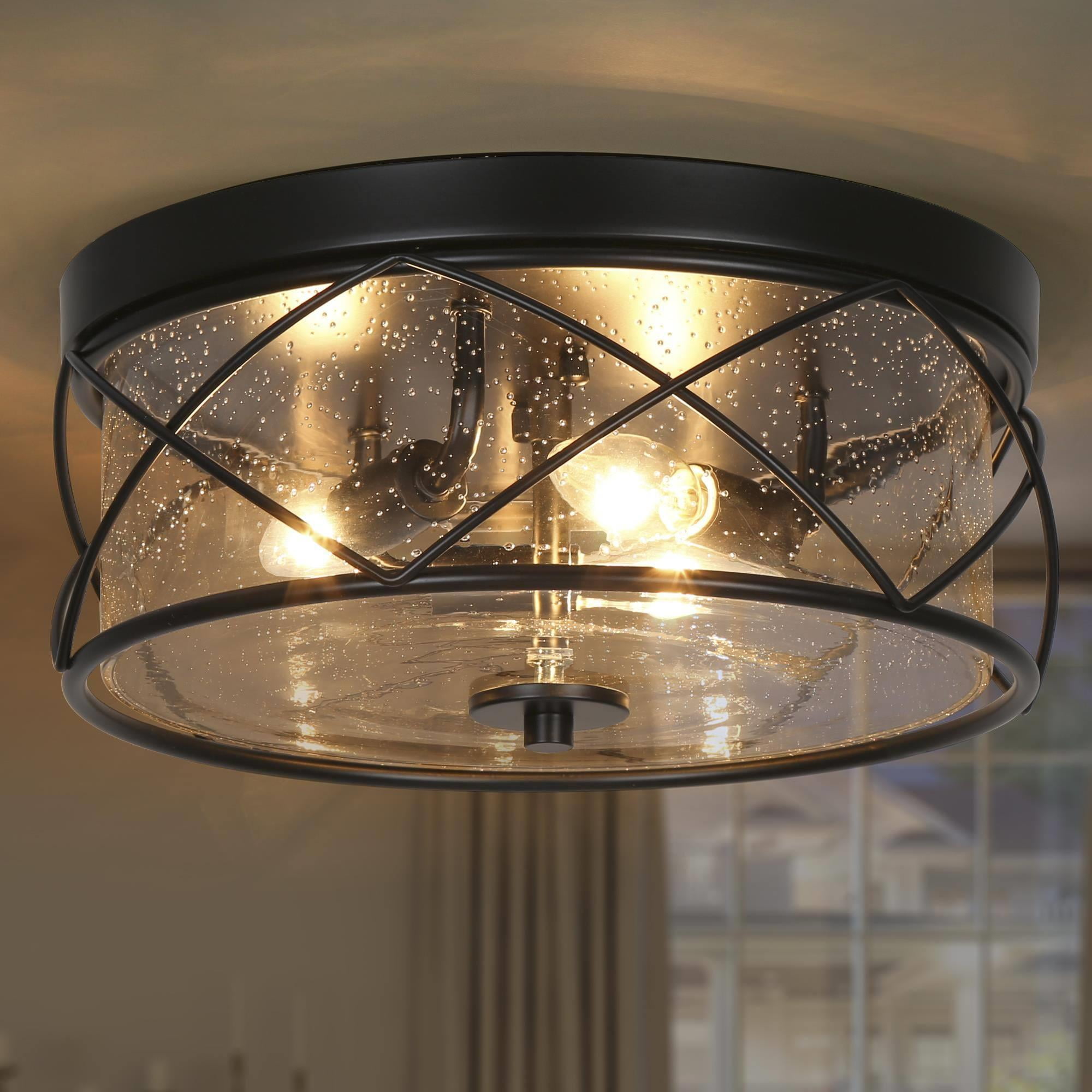 LNC 3Light 13in Matte Black and Seeded Glass LED Flush Mount Light