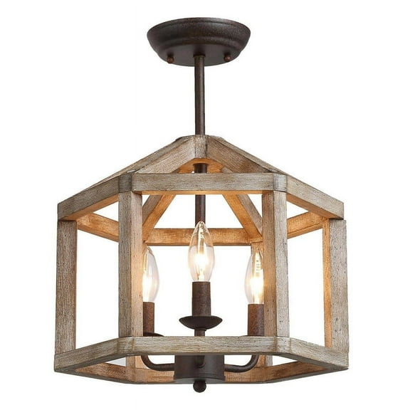 LNC 3-Light Rusty Bronze and Vintage Wood Drum LED Semi Flush Mount Ceiling Light