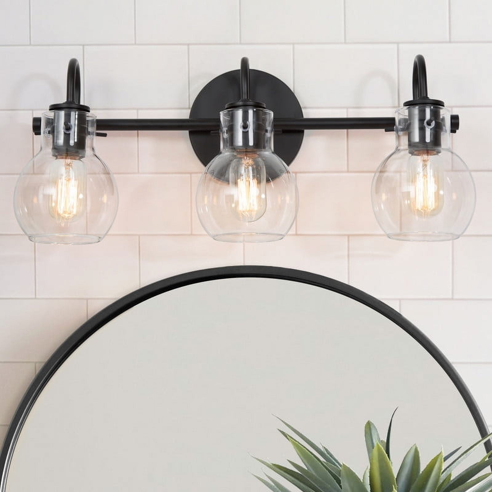LNC Black 3-Light Bathroom Vanity Light with Clear Globe Shades, Dimmable, 22" W