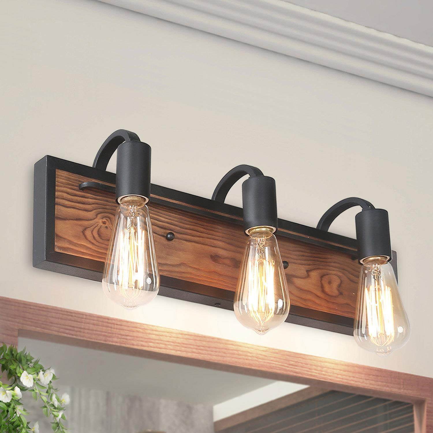 LNC 3-Light Black and Brown Wood Dimmable LED Vanity Light