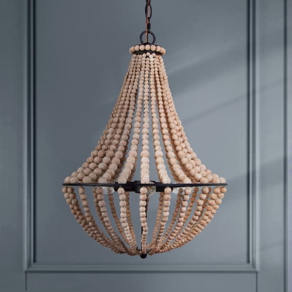 LNC 3-Light Boho Wood Bead Chandelier in Matte Black and Distressed Natural Finish