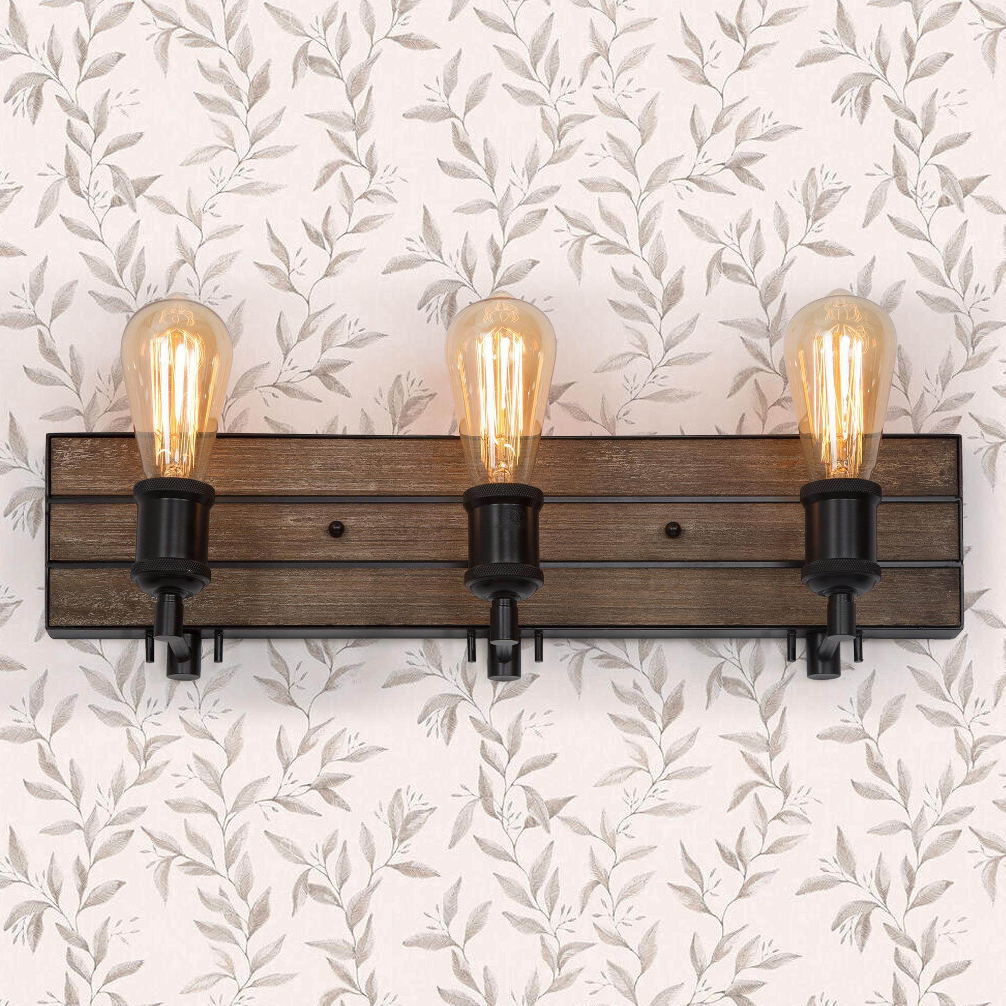 LNC 3-Light Bronze and Brown Wood Farmhouse Bathroom Vanity Light,21.3"L x 5.9"D x 5.1"H