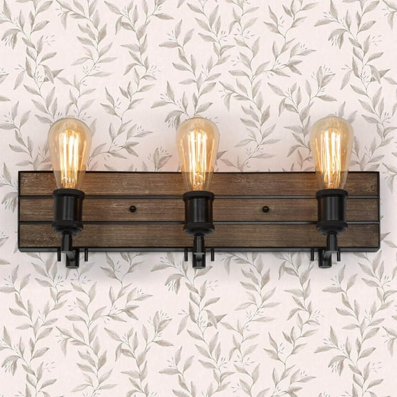 LNC 3-Light Bronze and Brown Wood Farmhouse Bathroom Vanity Light,21.3"L x 5.9"D x 5.1"H