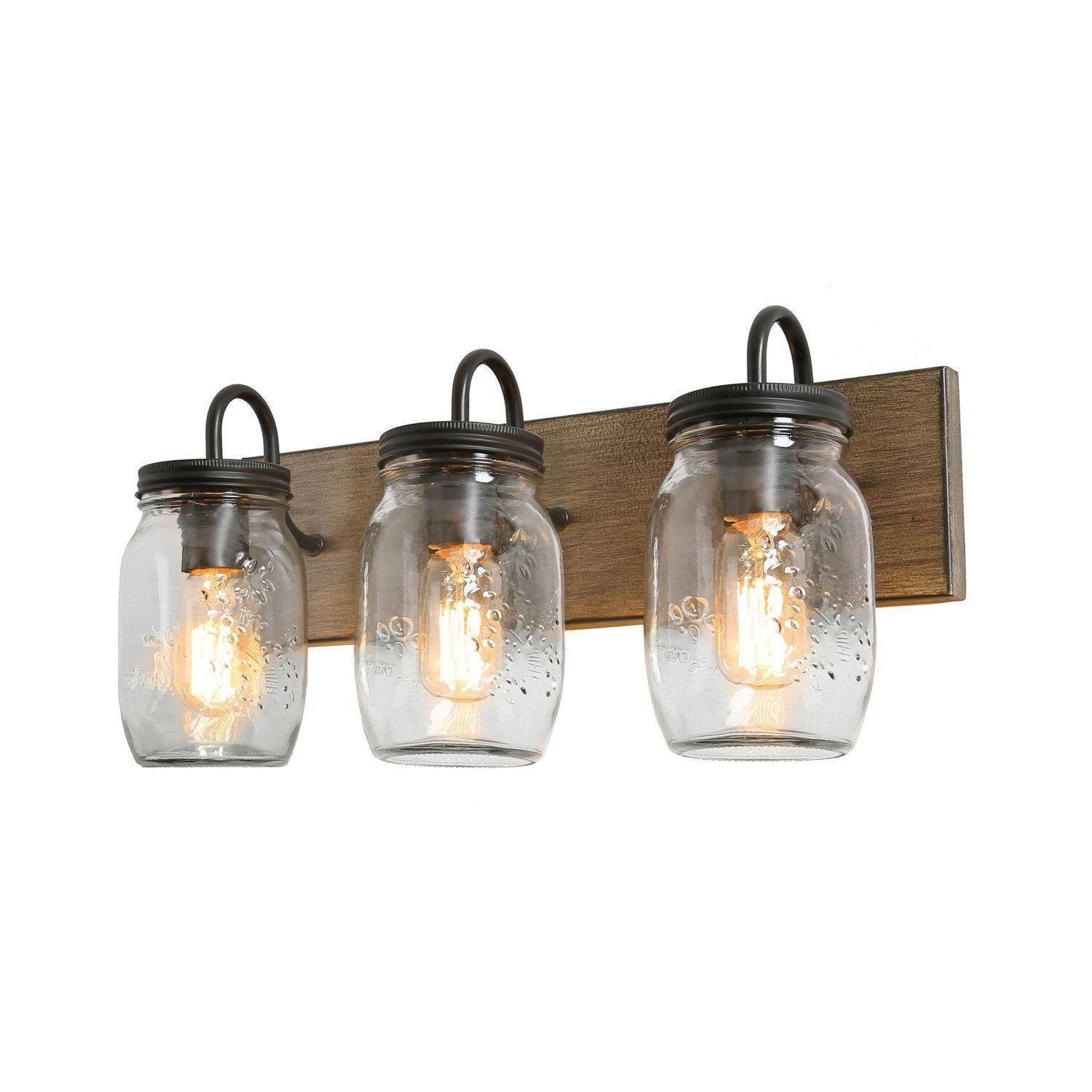 LNC Farmhouse Mason Jar Vanity Light, 3-Light Wood & Black Wall Fixture for Bathroom