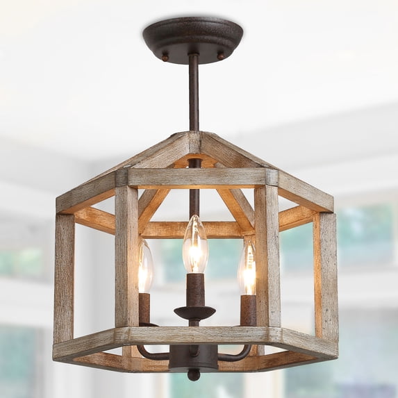 LNC 3-Light Farmhouse Bronze Semi-Flush Mount Rustic Wood Candlestick Semi-Flush Mount