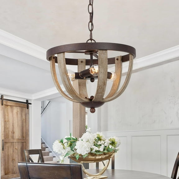 LNC 3-Light Farmhouse Distressed Bronze Metal and Globe Wood Chandelier