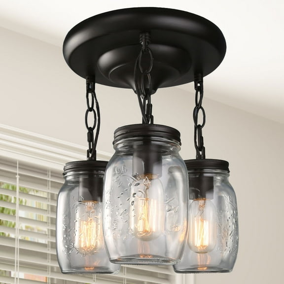 LNC 3-Light Farmhouse Mason Jar Oil Rubbled Bronze Semi-flush Mount Light