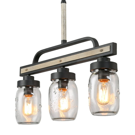 LNC 3-Light Farmhouse Matte Black and Brown Wood With Maison Jar Glass Shape Linear Chandelier For Kitchen Island