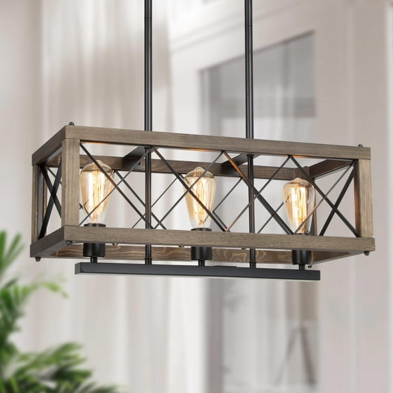 LNC Rustic 3-Light Black and Wood Linear LED Chandelier for Kitchen Island