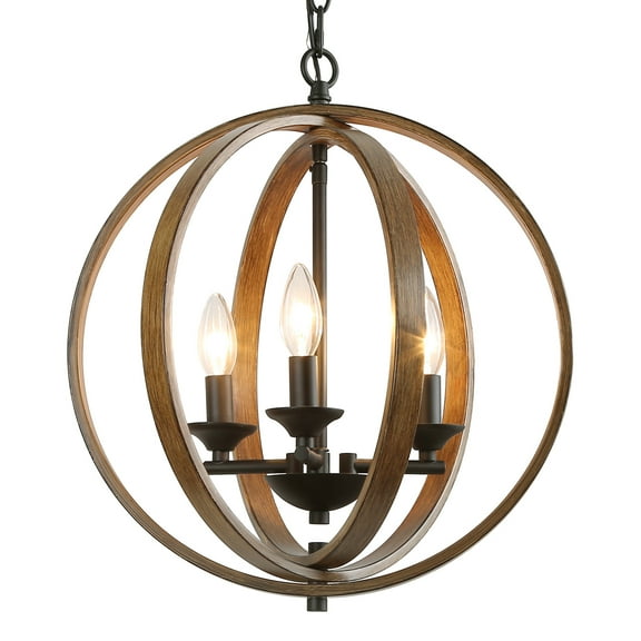 LNC 3-Light Matte Black and Brown Wood Globe Shape Chandelier For Foyer and Dining Room