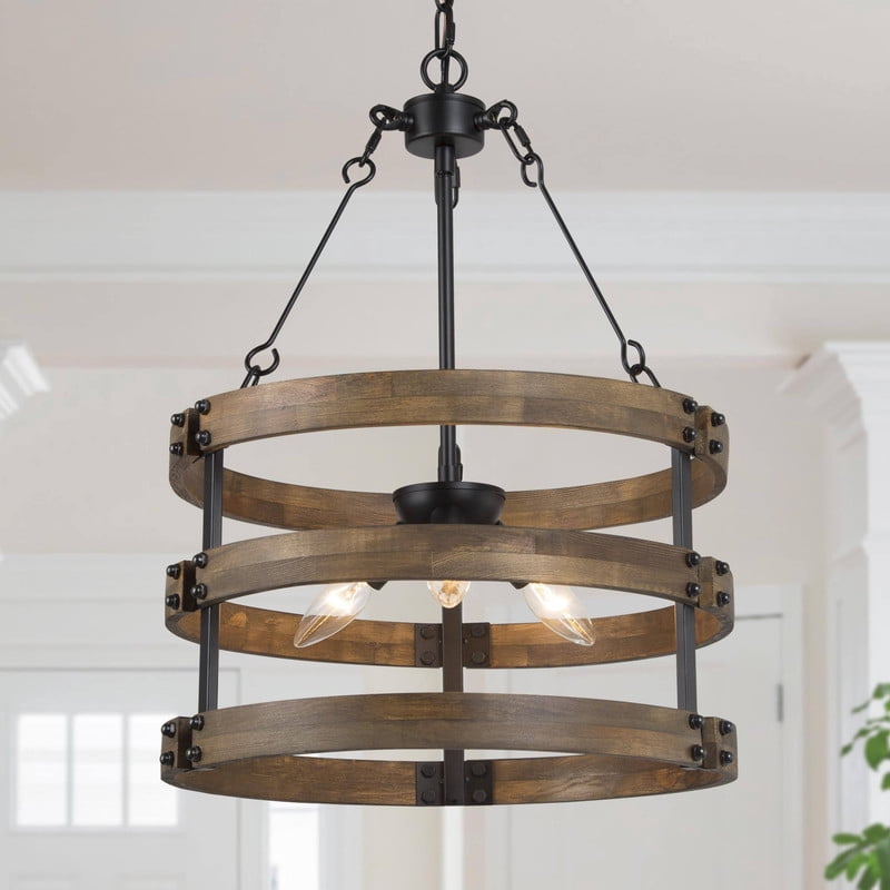 LNC 3-Light Rustic Barrel Chandelier with Faux Wood Finish and Matte Black Accents