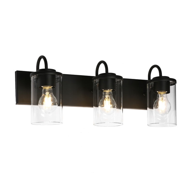 3-Light Bathroom Vanity Light in Matte Black with Clear Glass Shades, Modern Wall Fixture