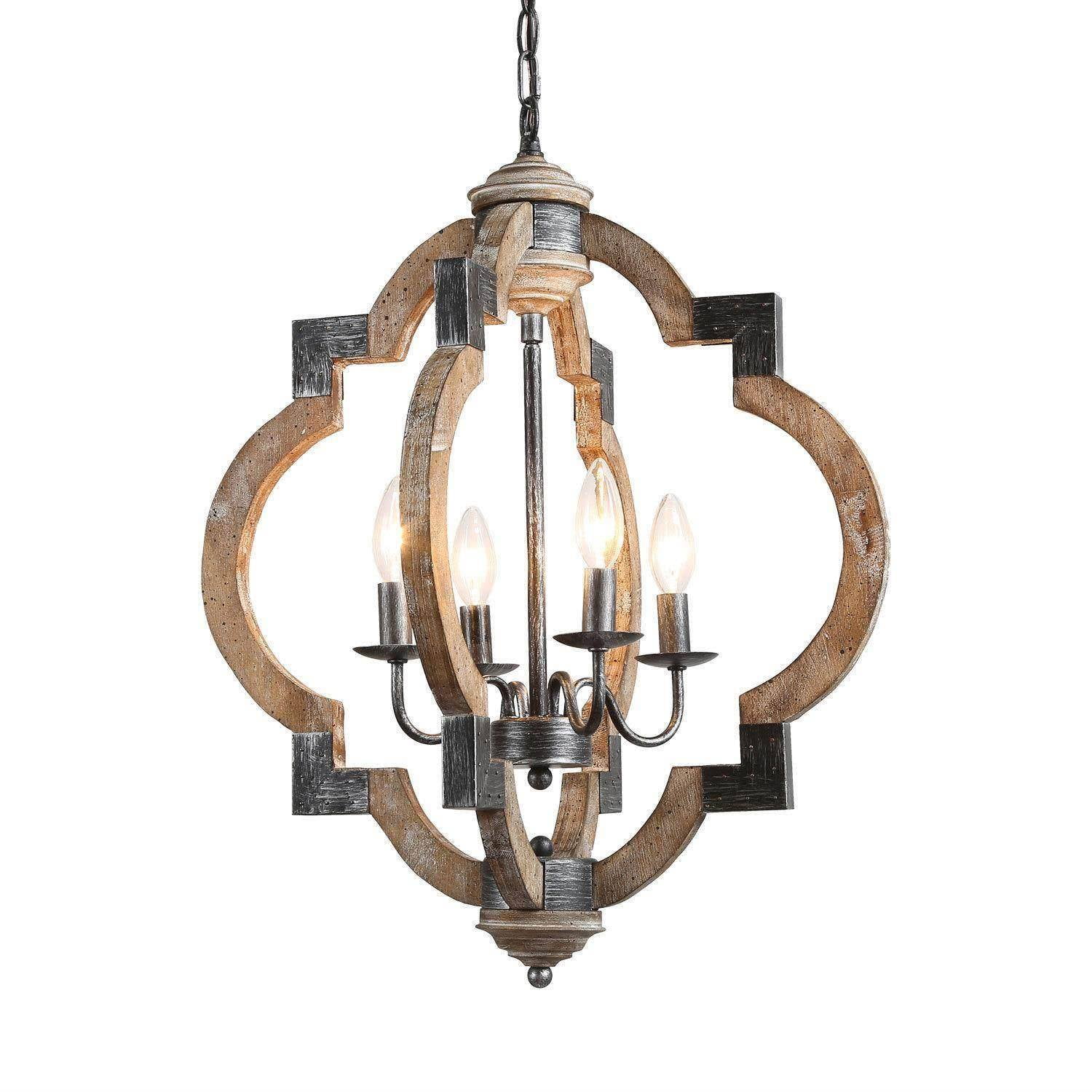 LNC 4-Light Distressed Wood and Black Farmhouse Lantern Chandelier for Kitchen