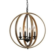 20" Farmhouse Globe Chandelier with E12 Base, Wood Grain and Black Metal Finish