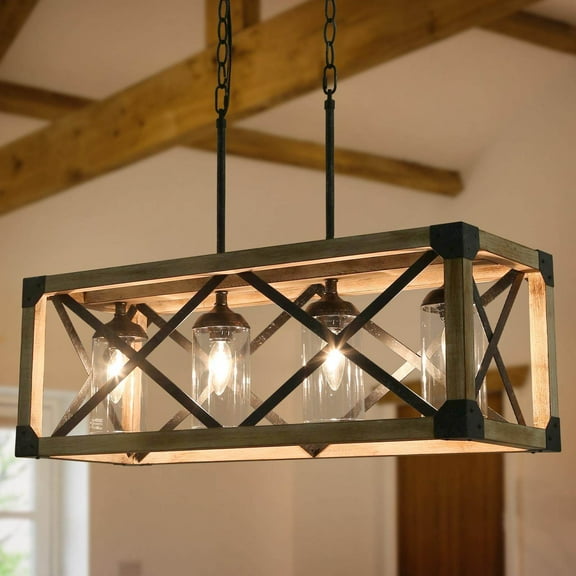 LNC 4-Light Distressed Wood and Black Square Farmhouse Chandelier with Clear Glass