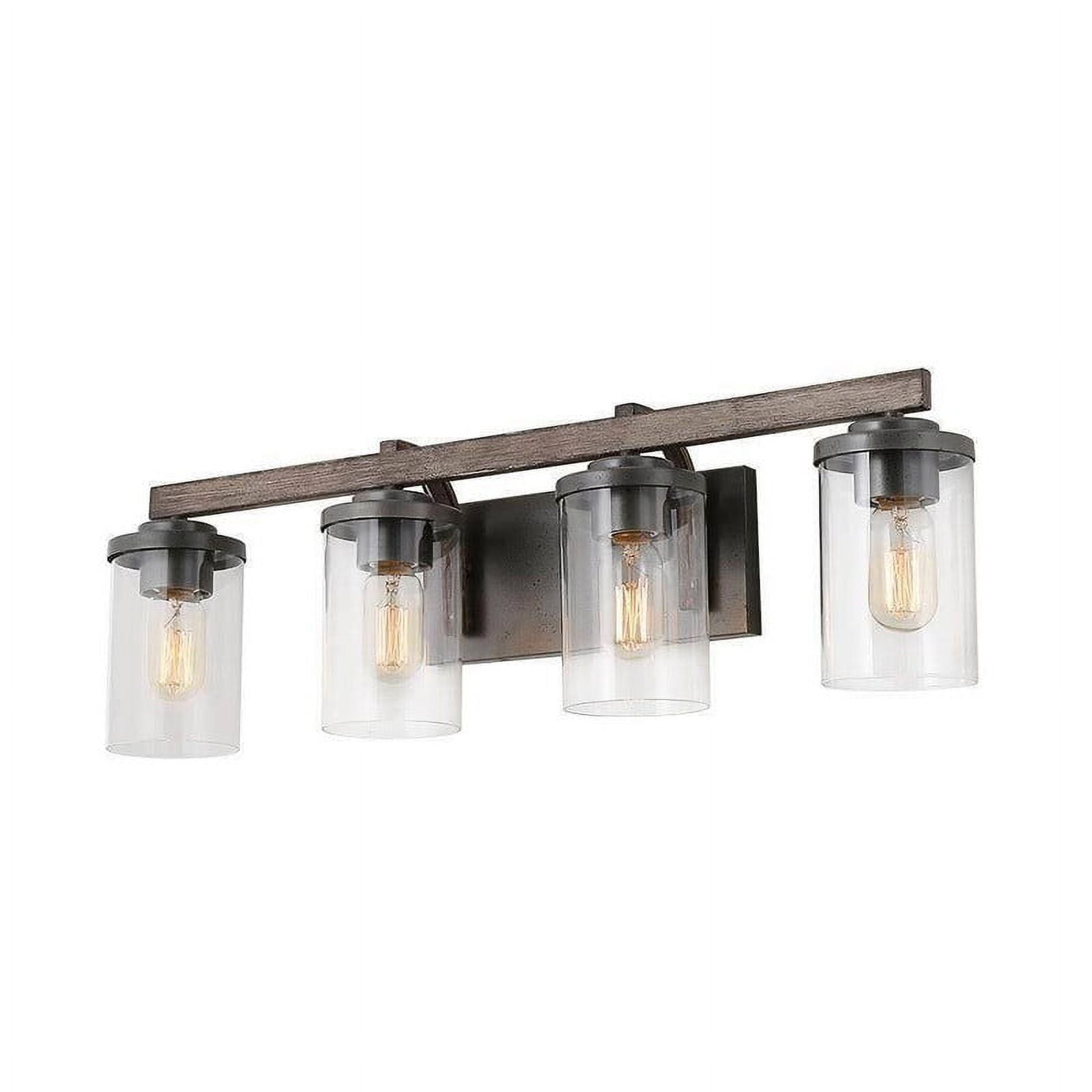 LNC 4-Light Black Cylinder Clear Glass Modern Farmhouse Wood Tone Bathroom Vanity Light
