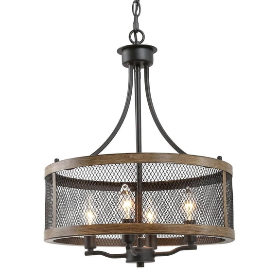 LNC 4-Light Brown Wood and Black Drum Cage LED Farmhouse Chandelier