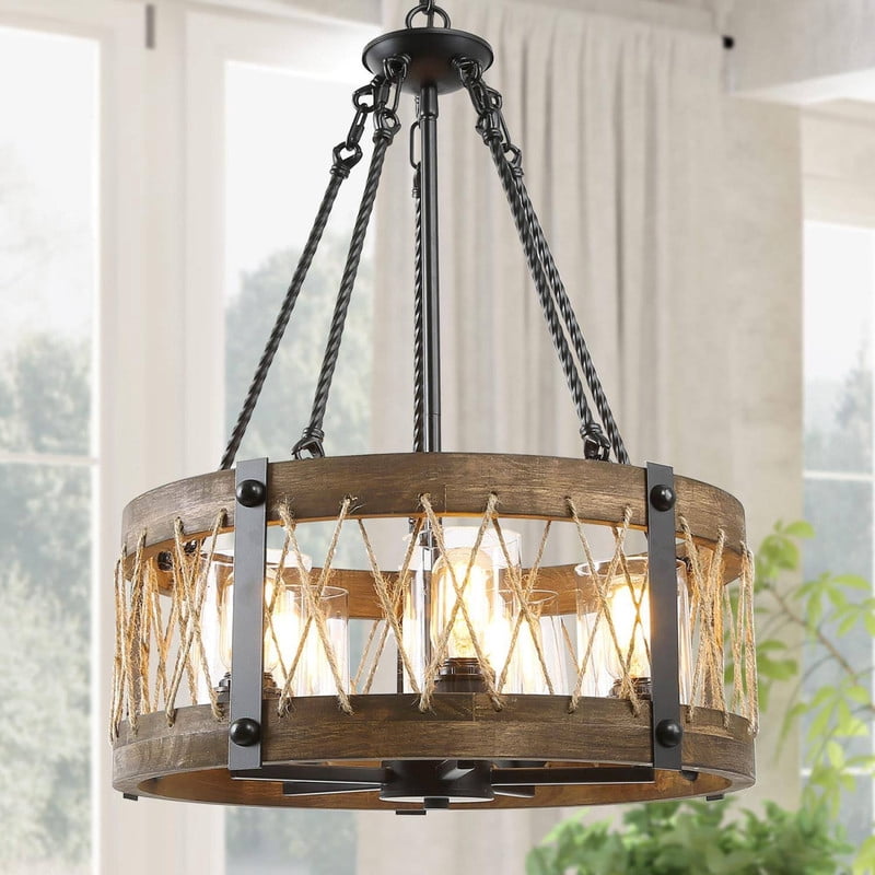 LNC 4-Light Farmhouse Drum Chandelier with Rope Accents and Clear Glass Shades in Wood and Black Finish