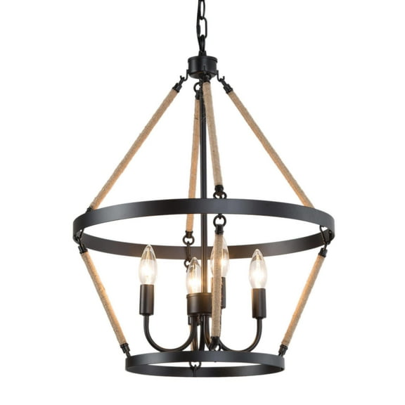 LNC 4-Light Farmhouse Matte Black And Hemp Rope With Drum Shape Chandelier 23.5"H