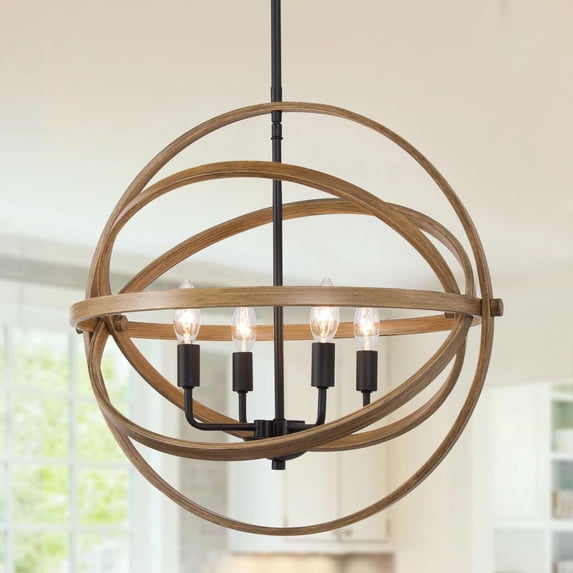 LNC 4-Light Farmhouse Wood Chandelier LED Globe Shape Kitchen Island Light