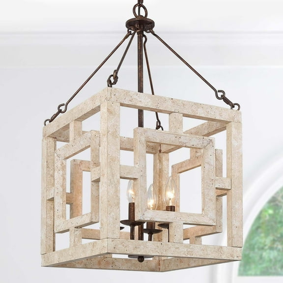 LNC 4-Light Farmhouse Wood Square Cage Chandelier