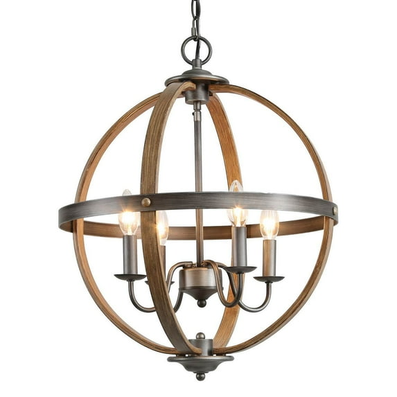 LNC 4-Light Globe Farmhosue Chandelier Nature Brown Wood with Antique Sliver