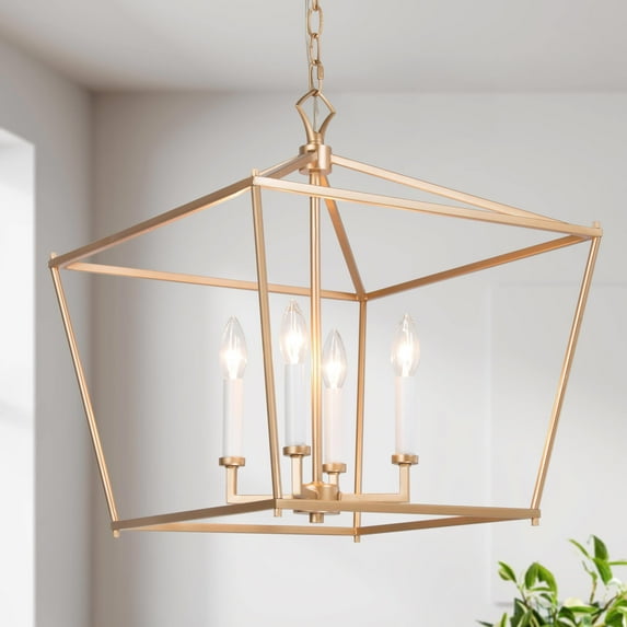 LNC 4-Light Matte Gold and White Modern Cage LED Kitchen Island Chandelier