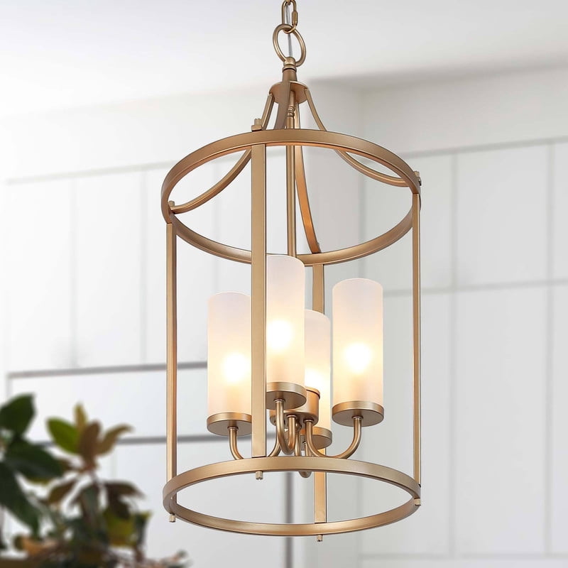 LNC 4-Light Matte Gold and Frosted Glass Modern/contemporary Frosted glass Cage Lantern Small Hanging Pendant Light
