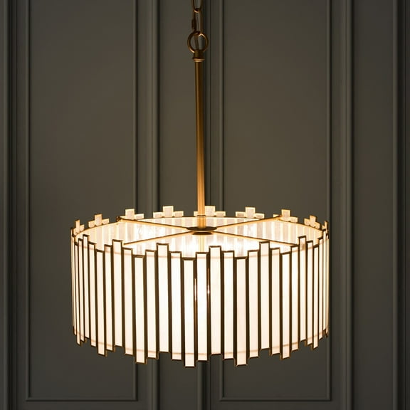 LNC 4-Light Modern/Contemporary Elegant Stripe Tiffany Matte Gold and White Drum Shade LED Chandelier for Living Room