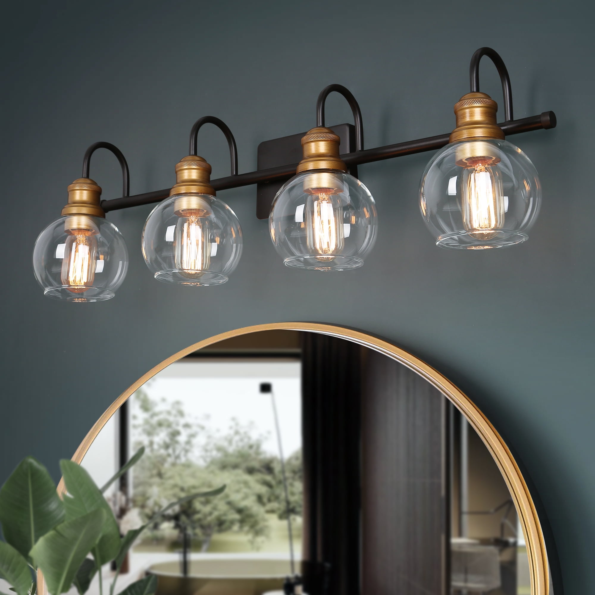 LNC 4-Light Modern/Farmhouse Matte Black and Gold And Globe Clear Glass LED Vanity Light For Bathroom