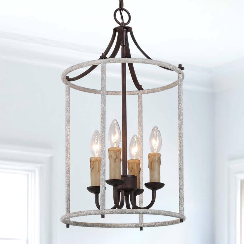 LNC 4-Light Rustic Candle Lantern Pendant with Distressed White and Rust Finish