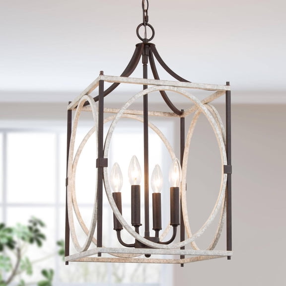 LNC 4-Light Rustic Lantern Pendant with Distressed Gray and Rust Iron Frame