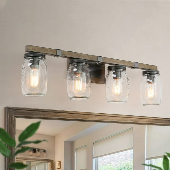 LNC 4-Light Wall Fixture Rustic&Farmhosue Vanity Lights with Mason Jar Shade,H9"L29"