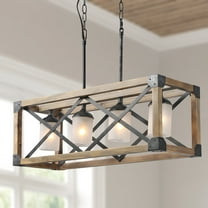 LNC 4 Lights Antique Black and Brown Wood Farmhouse Linear Rectangular Chandelier for Kitchen Island