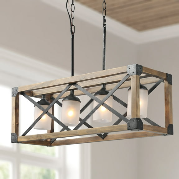 LNC 4 Lights Antique Black and Brown Wood Farmhouse Linear Rectangular Chandelier for Kitchen Island