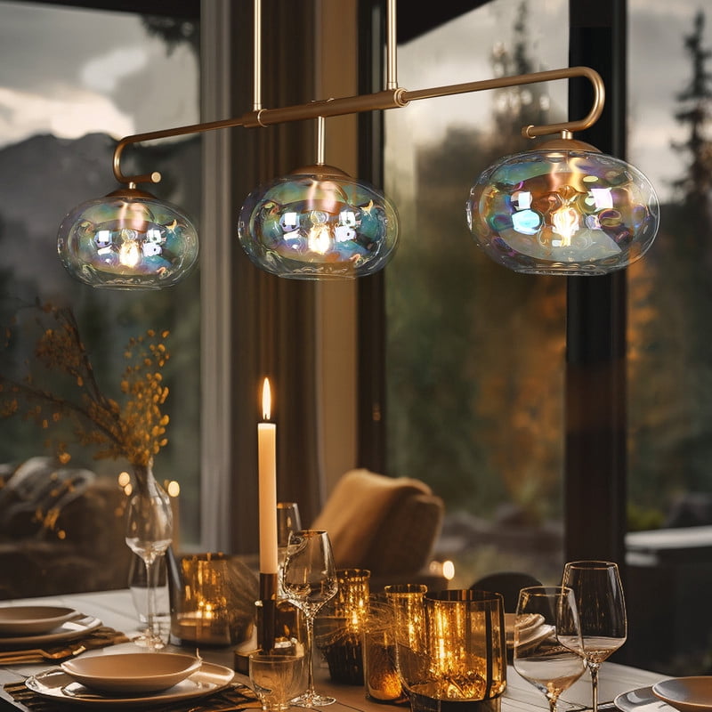 LNC 47.2-in Oversized 3-Light Matte Gold and Iridescent Glass Modern/contemporary Textured glass Linear Large Hanging Kitchen Island Light