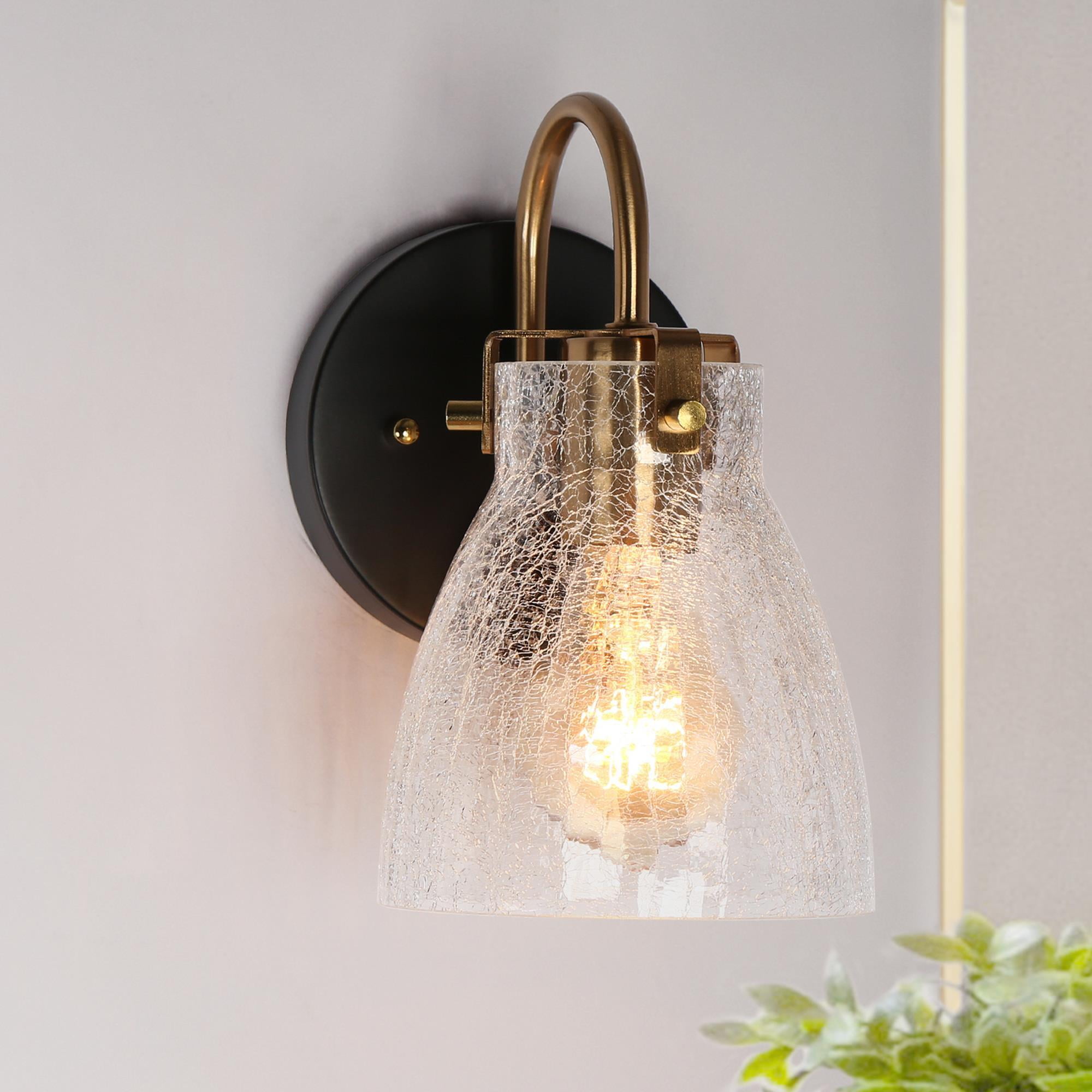 Matte Black and Gold Wall Sconce with Crackled Glass Shade