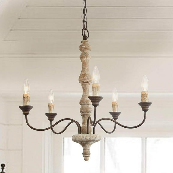 LNC 5-Light Distressed White Wood and Rustic Bronze French Country Chandelier