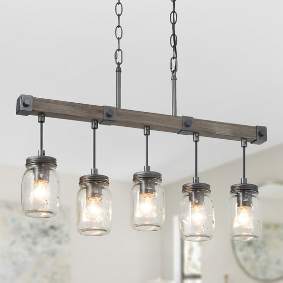 LNC 5-Light Farmhouse Distressed Balck and Brown Wood Linear Maison Jar Glass Shape Chandelier